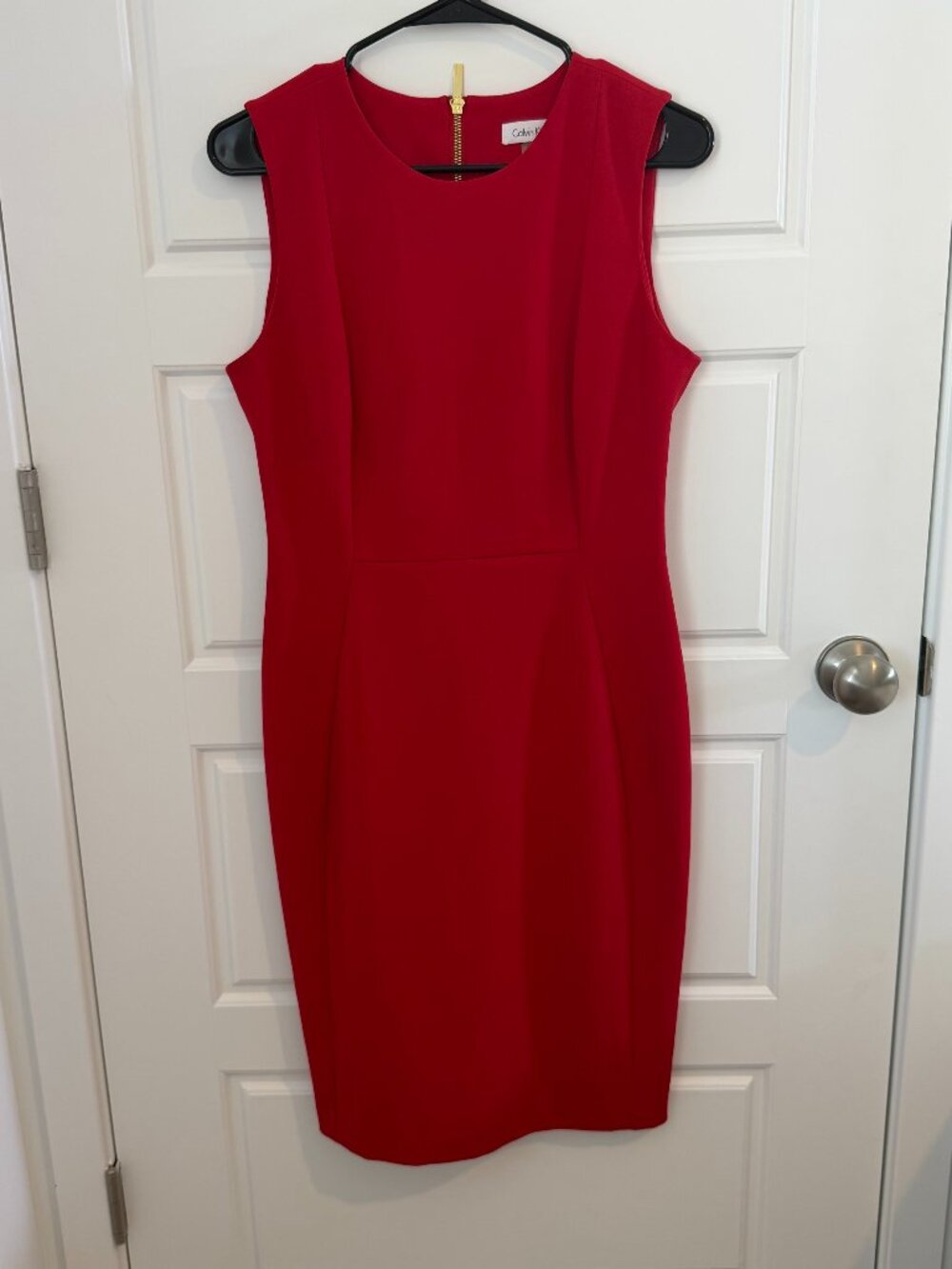 Calvin Klein Red Sheath Dress Sleeveless Gold Zip Career Cocktail Women's Size 8
